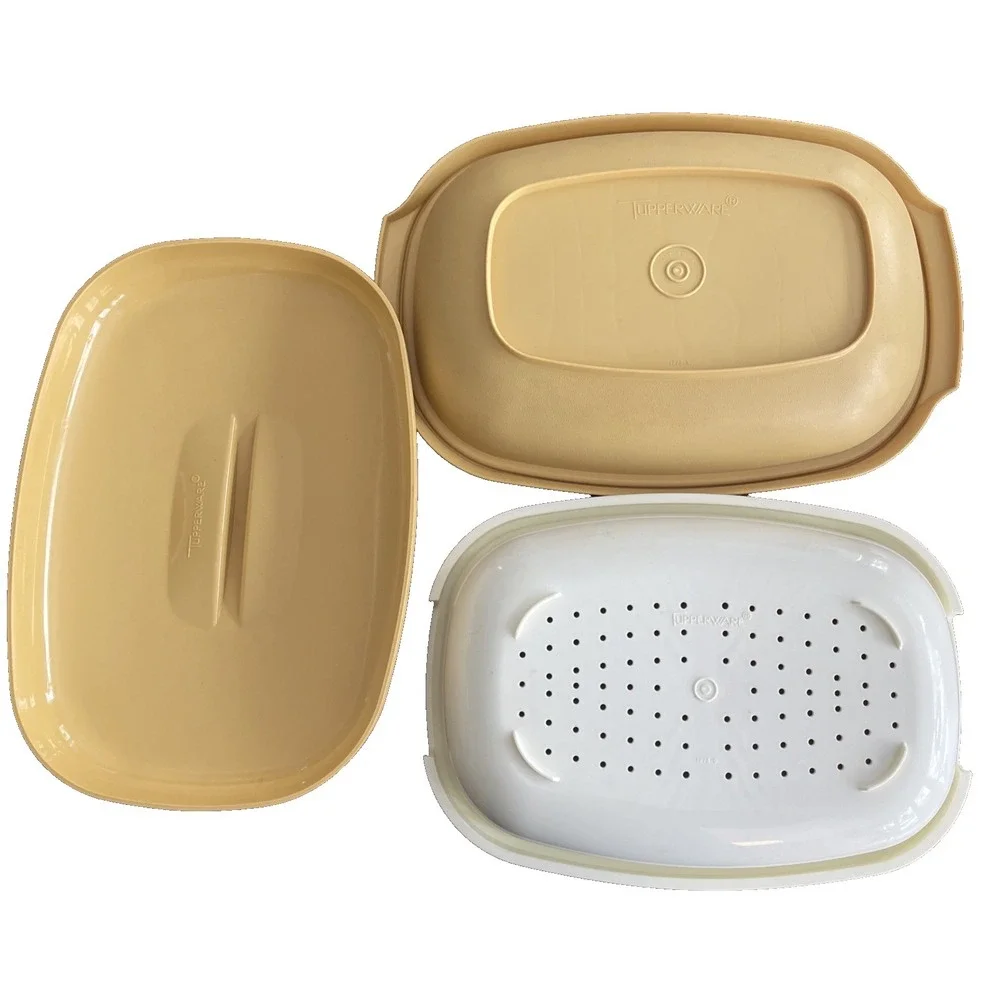Vtg Tupperware Microwave Steamer 3Pc Set Harvest Gold #1273-6 #1274-8 #1275-3